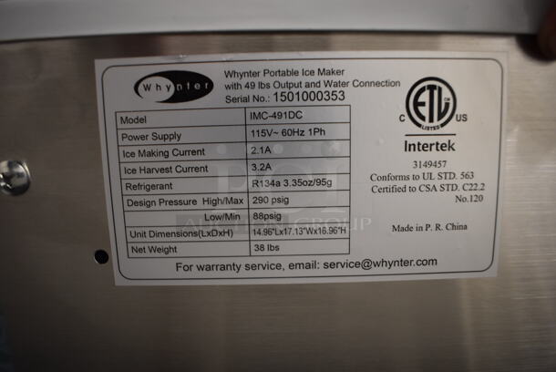 BRAND NEW SCRATCH AND DENT! Whynter IMC-491DC Stainless Steel Commercial Countertop Portable Ice Maker. 115 Volts, 1 Phase. 14x17x16. Tested and Working! - Image 9 of 9