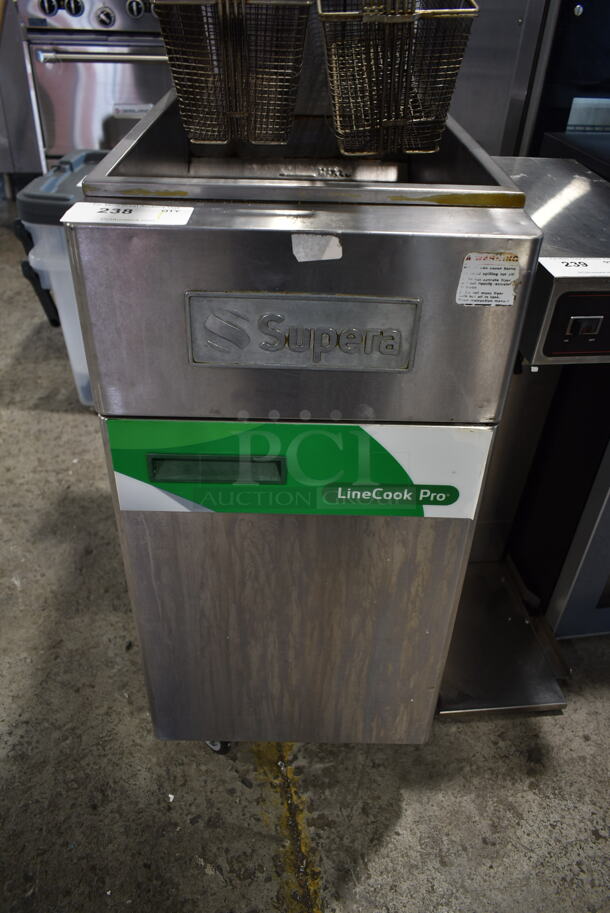 Supera LCF3T-NG Stainless Steel Commercial Floor Style Natural Gas Powered Deep Fat Fryer w/ 2 Metal Fry Baskets on Commercial Casters. 90,000 BTU. - Image 5 of 7