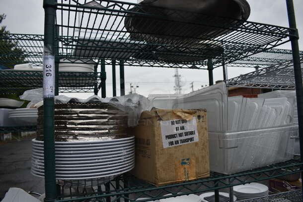 ALL ONE MONEY! Lot of Metro Green Finish 4 Tier Shelving Unit on Commercial Casters w/ All Contents Including Plates, Poly Lids. BUYER MUST DISMANTLE. PCI CANNOT DISMANTLE FOR SHIPPING. PLEASE CONSIDER FREIGHT CHARGES. 36x24x80 - Image 3 of 7