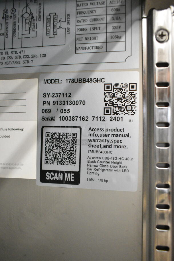 BRAND NEW SCRATCH AND DENT! 2024 Avantco 178UBB48GHC 48" Black Counter Height Narrow Glass Door Back Bar Refrigerator with LED Lighting. 115 Volts, 1 Phase. Tested and Working! - Image 6 of 6