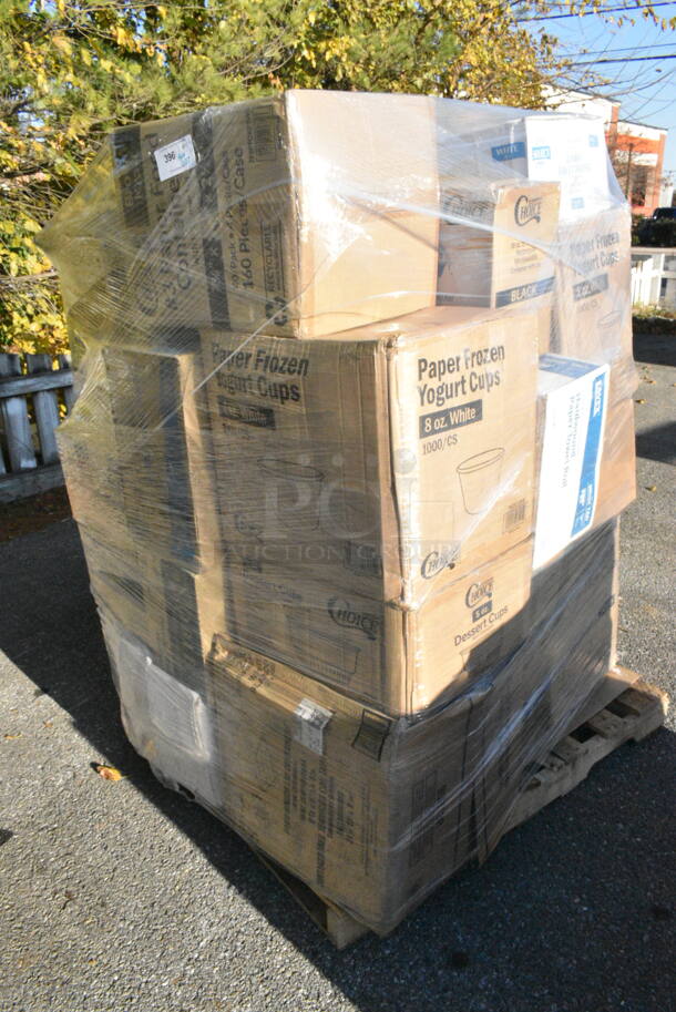27 BRAND NEW! Boxes Including 760IC08W Choice 8 oz. White Paper Frozen Yogurt / Food Cup - 1000/Case, 5002TPJSELCM Toilet Paper, 5008DWALLW Choice 8 oz. Tall White Smooth Double Wall Paper Hot Cup - 500/Case. 27 Times Your Bid!  - Image 1 of 7