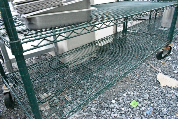 Green Finish 5 Tier Wire Shelving Unit on Commercial Casters w/ Contents Including Stainless Steel Drop In Bins, China Cap Strainer and Ice Bucket. BUYER MUST DISMANTLE. PCI CANNOT DISMANTLE FOR SHIPPING. PLEASE CONSIDER FREIGHT CHARGES.  - Image 3 of 12