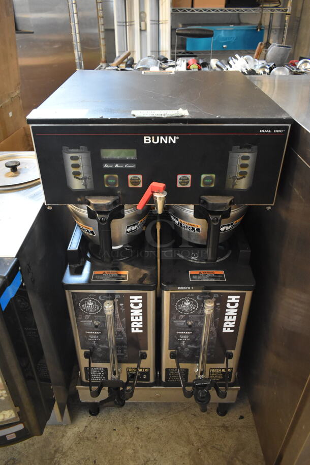 2011 Bunn Model DUAL SH DBC Stainless Steel Commercial Countertop Dual Coffee Machine w/ Hot Water Dispenser, 2 Bunn Model SH SERVER Satellite Servers and 2 Metal Brew Baskets. 120/208-240 Volts, 1 Phase.  - Image 1 of 6