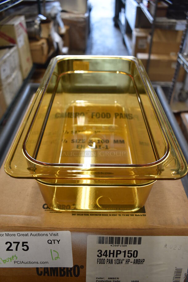 ALL ONE MONEY! Lot of 12 BRAND NEW IN BOX! Cambro Amber Colored Poly 1/3 Size Drop In Bins. 1/3x4