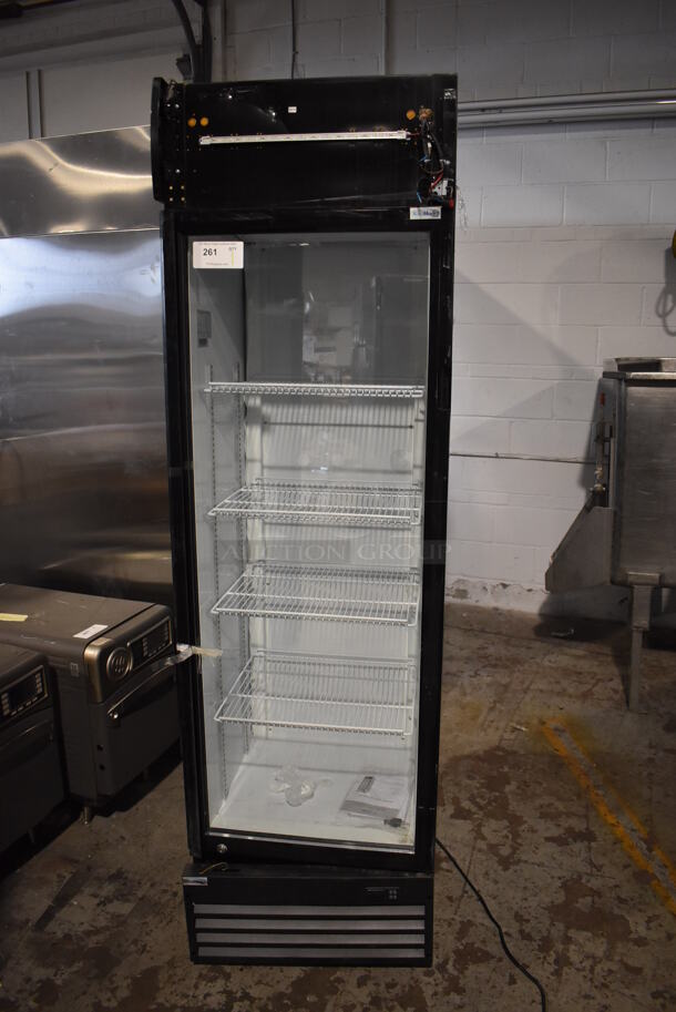 BRAND NEW SCRATCH AND DENT! KoolMore MDR-1GD-13C Metal Commercial Single Door Reach In Cooler Merchandiser w/ Poly Coated Racks on Commercial Casters. 115 Volts, 1 Phase. Tested and Working!