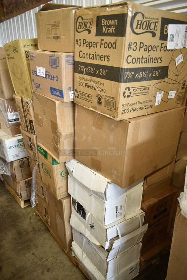 PALLET LOT of 30 BRAND NEW Boxes Including 795PTOKFT3 Choice Kraft Microwavable Folded Paper #3 Take-Out Container 7 3/4" x 5 1/2" x 2 1/2" - 200/Case, 128HD8BULK ChoiceHD 8 oz. Microwavable Translucent Plastic Deli Container - 480/Case, 2 Box 5008W Choice 8 oz Paper Hot Cups, 5 Box 502404816CL Lavex 40-45 Gallon 16 Micron 40" x 48" High Density Janitorial Can Liner / Trash Bag - 250/Case, 3 Box 128HD16BULK ChoiceHD 16 oz. Microwavable Translucent Plastic Deli Container - 480/Case, 128HD12COMBO ChoiceHD 12 oz. Microwavable Translucent Plastic Deli Container and Lid Combo Pack - 240/Case, 127CH24 Choice 24 oz. Clear RPET Hinged Deli Container - 200/Case, 500CFT Lavex White C-Fold Standard Weight Towel - 2400/Case, QHXR050 Tuxton Ramekins, 395RP07 EcoChoice Compostable Sugarcane / Bagasse 7" Plate - 1000/Case, 9PWCR Dart Plates, CCP-9-SQ 9 oz Squat Cold Cups, 2 Box 394EN502M Noble Products Powder-Free Disposable Blue Exam Grade Nitrile 4 Mil Thick Textured Gloves - Medium - 1000/Case, 966UPWIDEKFT 2-Ply Wide Interfold 6 1/2" x 8 1/2" Dispenser Napkin, Choice 16 oz Cups. 30 Times Your Bid! - Image 1 of 12