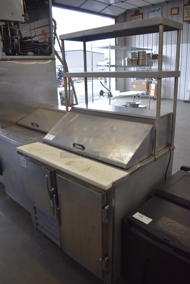 Leader Stainless Steel Commercial Sandwich Salad Prep Table Bain Marie Mega Top w/ 2 Tier Over Shelf and Various Drop In Bins. 115 Volts, 1 Phase. 36x32x70. Tested and Powers On But Does Not Get Cold - Image 3 of 8