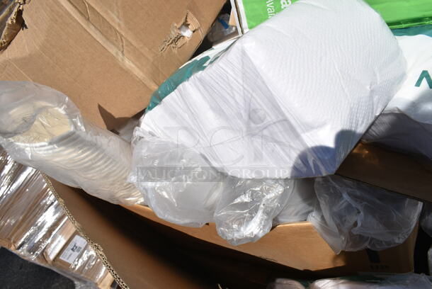PALLET LOT of 18 BRAND NEW Boxes Including 433B1BGC Choice 1 lb. Natural Kraft Paper Bag - 500/Case, TS12CCRD, 760FFMEDSQWH Choice 5.5 oz. Medium White Paper Scoop / Tray - 1000/Case, Dart S6BWB Spoons, 600LEGALV451 Regency Legs. 18 Times Your Bid!  - Image 4 of 12