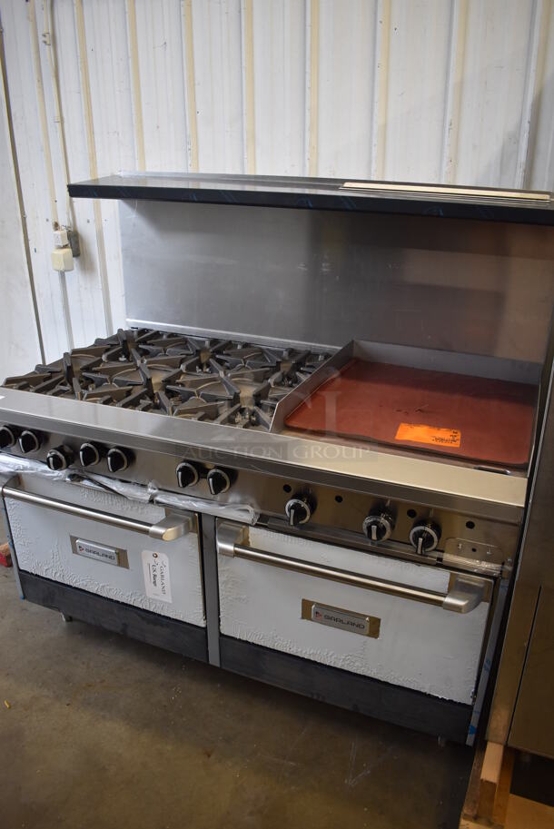 BRAND NEW SCRATCH AND DENT! Garland G60-6G24RR Stainless Steel Commercial Natural Gas Powered 6 Burner Range w/ Right Side Flat Top Griddle, 2 Ovens, Over Shelf and Back Splash. Missing 1 Leg and 1 Leg Is Bent. 310,000 BTU. 59x34x59. Tested and Working!