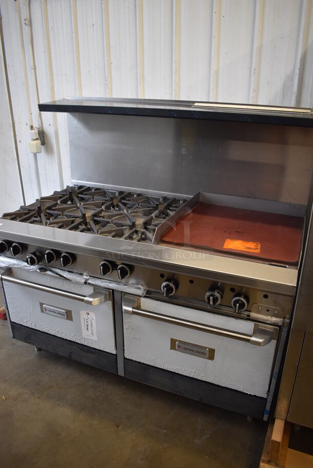 BRAND NEW SCRATCH AND DENT! Garland G60-6G24RR Stainless Steel Commercial Natural Gas Powered 6 Burner Range w/ Right Side Flat Top Griddle, 2 Ovens, Over Shelf and Back Splash. Missing 1 Leg and 1 Leg Is Bent. 310,000 BTU. 59x34x59. Tested and Working! - Image 1 of 11