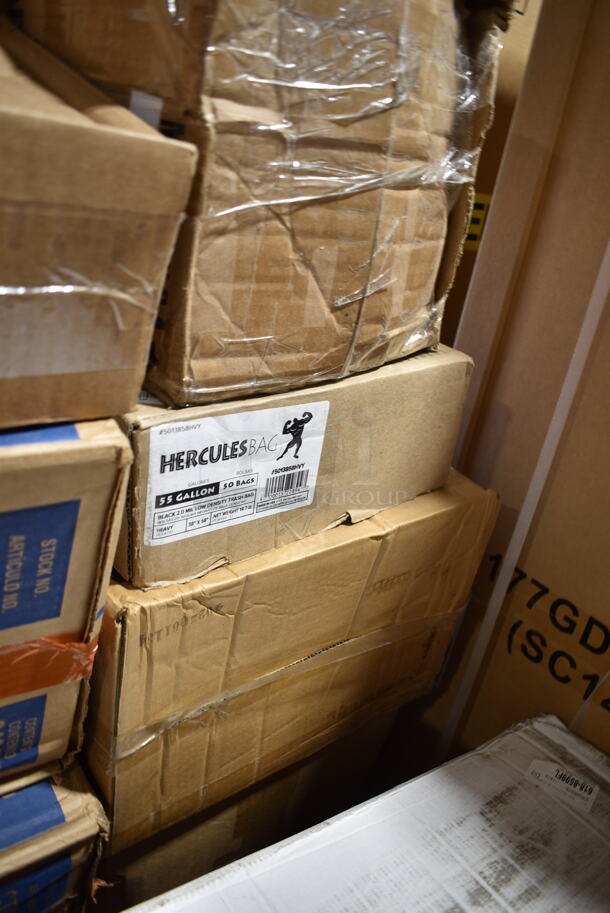 PALLET LOT of 35 BRAND NEW Boxes Including 6 Box 612W65 Choice Insulated Foil Sandwich Wrap Sheets 14" x 16" - 1000/Case, 2 Box 129MCS38B Choice 38 oz. Black Rectangular Microwavable Heavy Weight Container with Lid 8 3/4" x 6 1/4" x 2" - 150/Case, 2 Box 612CAKE8SQ Baker's Lane 8" Square Foil Cake Pan - 500/Case, 2 Box 407WRCB1812 Choice 18" x 12" x 1 3/4" Wood Cutting Board with Rounded Edges, 2 Box EcoStrong Plus PCRL3339XHK 33 Gallon 1 Mil 33" x 39" Linear Low Density Medium-Duty Black Can Liner / Trash Bag - 150/Case, 4 Box 130WFORKWP Choice Individually Wrapped Medium Weight White Plastic Fork - 1000/Case, 130HBKCUTFW Visions Individually Wrapped Black Heavy Weight Plastic Fork - 1000/Case, 548252113 Amefa 252000B000113 Royal 8 13/16" High Carbon Stainless Steel Serrated Edge Steak Knife with Pakkawood Handle - 6/Case, 5013858HVY Lavex Hercules 55 Gallon Black Can Liner, Dart SafeSeal 8 oz. Plastic Tamper-Resistant, Tamper-Evident Bowl with Dome Lid - 240/Case, 124BA1040S American Metalcraft BA1040S 10 1/4" Round Stainless Steel Basting Cover, 831741 Cinnamon Buns Clam Containers, 795PTOWHT4 Choice White Microwavable Folded Paper #4 Take-Out Container 7 3/4" x 5 1/2" x 3 1/2" - 160/Case, 130BKFSNSPH Visions Heavy Weight Black Wrapped Plastic Cutlery Pack with Napkin and Salt and Pepper Packets - 500/Case. 35 Times Your Bid! - Image 11 of 12