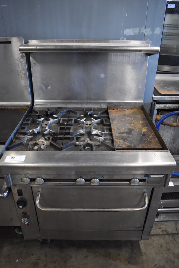 Stainless Steel Commercial Natural Gas Powered 4 Burner Range w/ Flat Top Griddle, Convection Oven, Over Shelf and Back Splash on Commercial Casters. 36x34x56