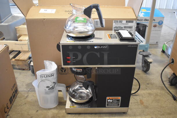 BRAND NEW IN BOX! 2021 Bunn VPR Stainless Steel Commercial Coffee Machine w/ 2 Coffee Pots, Poly Pitcher and Poly Brew Basket. 120 Volts, 1 Phase. 16x8x21