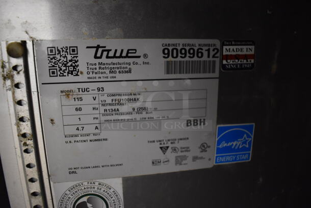 2017 True TUC-93 ENERGY STAR Stainless Steel Commercial 3 Door Work Top Cooler w/ Stone Countertop. 115 Volts, 1 Phase. 94x34x41. Tested and Working! - Image 7 of 8