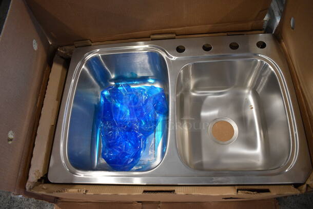 BRAND NEW IN BOX! Kohler 75791-4-NA Stainless Steel Double Offset Drop In Sink. 33x22x9. Bays 14.5x18.5x9, 14.5x15.5x9