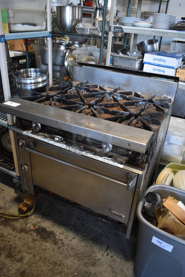 Jade Stainless Steel Commercial Natural Gas Powered 6 Burner Range w/ Oven and Backsplash. Leg Needs To Be Reattached. 36x38x42 - Image 4 of 8