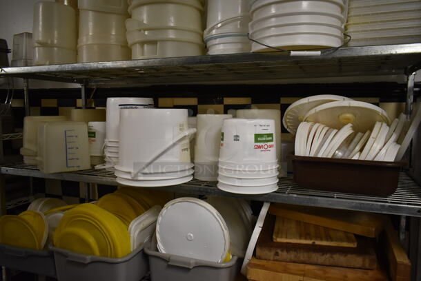 Chrome Finish 4 Tier Wire Shelving Unit w/ Contents Including Poly Bins and Metal Bowls. BUYER MUST REMOVE: BUYER MUST DISMANTLE. PCI CANNOT DISMANTLE FOR SHIPPING. PLEASE CONSIDER FREIGHT CHARGES. (kitchen #2) - Image 3 of 5