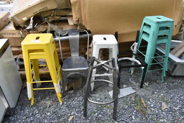 9 BRAND NEW SCRATCH AND DENT! Seating; 2 Yellow Metal Stools, 3 Seafoam Metal Stools, White Metal Stool, Gray Dining Height Chair, Dining Height Frame Missing Pieces and Bar Height Stool Base. 9 Times Your Bid!  - Image 1 of 2