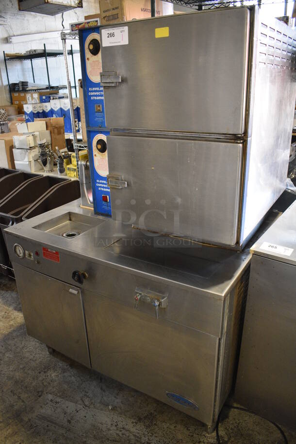 Cleveland Convection Stainless Steel Commercial Electric Powered Double Deck Steam Cabinet w/ Model TDC/2-20 Tilting Kettle. 208 Volts, 3 Phase. 42x35x62