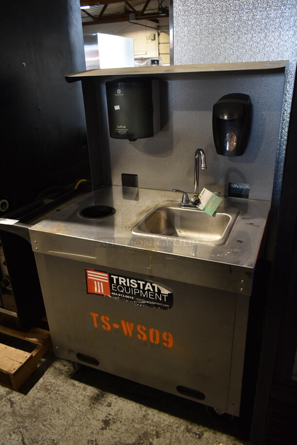 Stainless Steel Commercial Portable Sink w/ Bay, Soap Dispenser and Towel Dispenser on Commercial Casters.