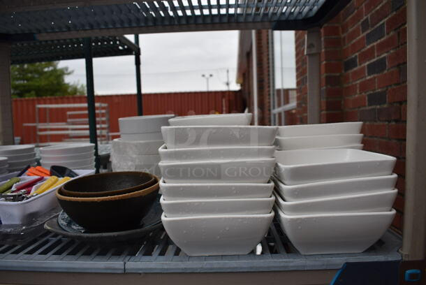 ALL ONE MONEY! Lot of 4 Tiers of Various Smallwares Including White Ceramic Plates, Pitchers. Does Not Include Shelving Unit - Image 3 of 7