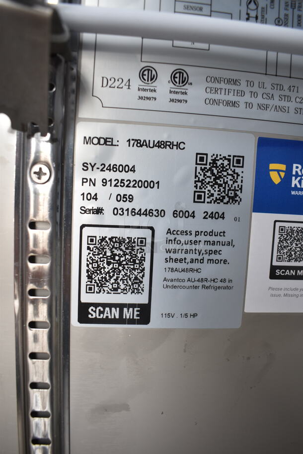 BRAND NEW SCRATCH AND DENT! 2024 Avantco 178AU48RHC Stainless Steel Commercial 2 Door Undercounter Cooler on Commercial Casters. 115 Volts, 1 Phase. Tested and Powers On But Does Not Get Cold - Image 6 of 6