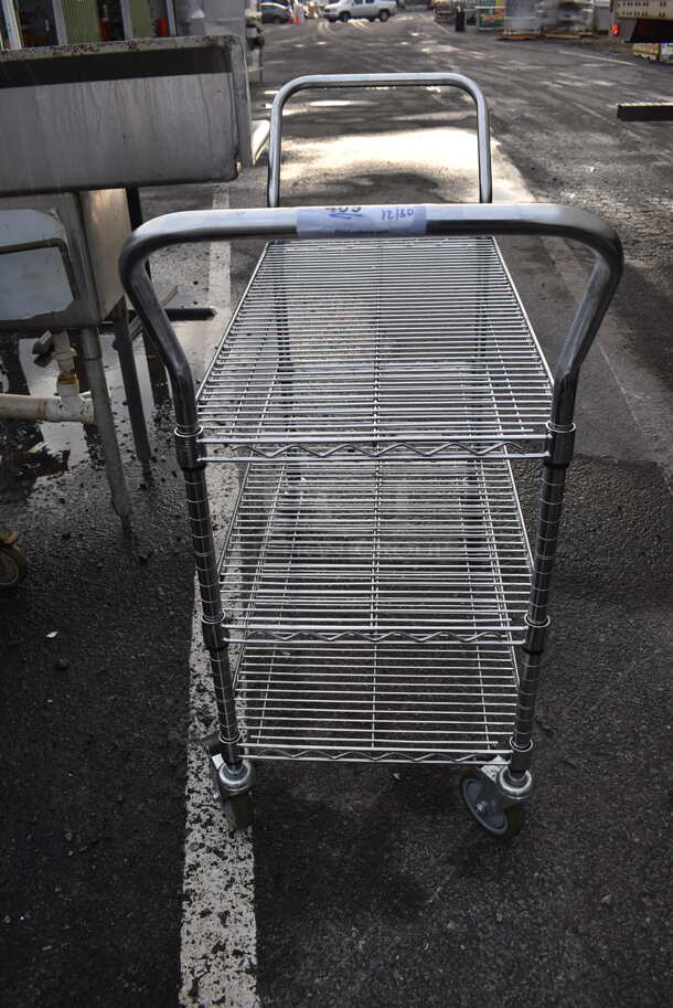 Chrome Finish 3 Tier Cart w/ 2 Push Handles on Commercial Casters. 18x49x40 - Image 1 of 3