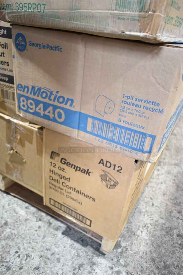 PALLET LOT of 28 BRAND NEW Boxes Including 4 Box 130HCUTFWR Visions Individually Wrapped White Heavy Weight Plastic Fork - 1000/Case, 130BKFSH Visions Wrapped Black Heavy Weight Plastic Cutlery Pack with Knife, Fork, and Spoon - 500/Case, 2 Box 395RP07 EcoChoice Compostable Sugarcane / Bagasse 7" Plate - 1000/Case, 394385L Noble Products White Powder-Free Disposable Latex Gloves for Foodservice - Large - 1000/Case, 612509PCO Choice 9" Round Standard Weight Foil Take-Out Pan with Dome Lid - 200/Case, 795PTOKFT2 Choice 7 3/4" x 5 1/2" x 2" Kraft Microwavable Folded Paper #2 Take-Out Container - 200/Case, 347TCL10 Choice 10 oz. Clear Disposable Plastic Tumbler - 500/Case, 346WKFSM Choice Medium Weight White Wrapped Plastic Cutlery Set with Knife, Fork, and Spoon - 500/Case, 627SSRD35175 Fat Daddio's SSRD-35175 ProSeries 3 1/2" x 1 3/4" Stainless Steel Round Cake / Food Ring Mold, Georgia Pacific Roll Towels 89440, AD12 Genpak 12 oz. Clear Hinged Deli Container - 200/Case, 5008W Choice 8 oz. Tall White Poly Paper Hot Cup - 1000/Case,  50010DWALLC Choice 10 oz. Coffee Break Print Smooth Double Wall Paper Hot Cup - 500/Case, 2 Box 15003545 Carnival King 5 1/2" x 3 1/4" x 12" Qt. Size Unprinted Foil Bag - 500/Case, 612P527 Choice 7" Clear Round Plastic Dome Lid - 500/Case. 28 Times Your Bid!  - Image 7 of 12