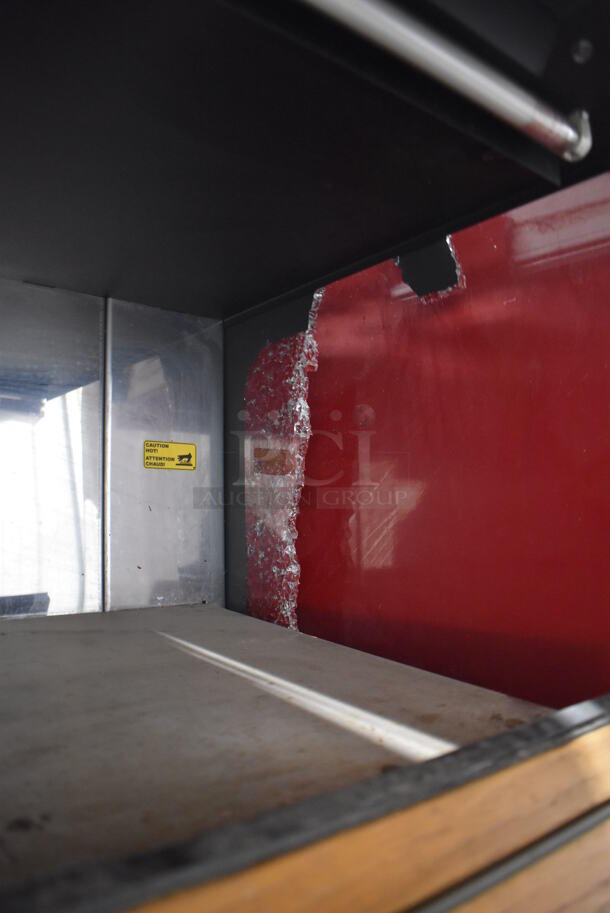 Fri-jado MD40-4 SB Stainless Steel Commercial Floor Style Open Grab N Go Heated Merchandiser w/ Metal Shelves on Commercial Casters. Both Side Panels Have Damage - See Pictures. 208 Volts, 1 Phase. 39.5x30.5x79 - Image 7 of 8