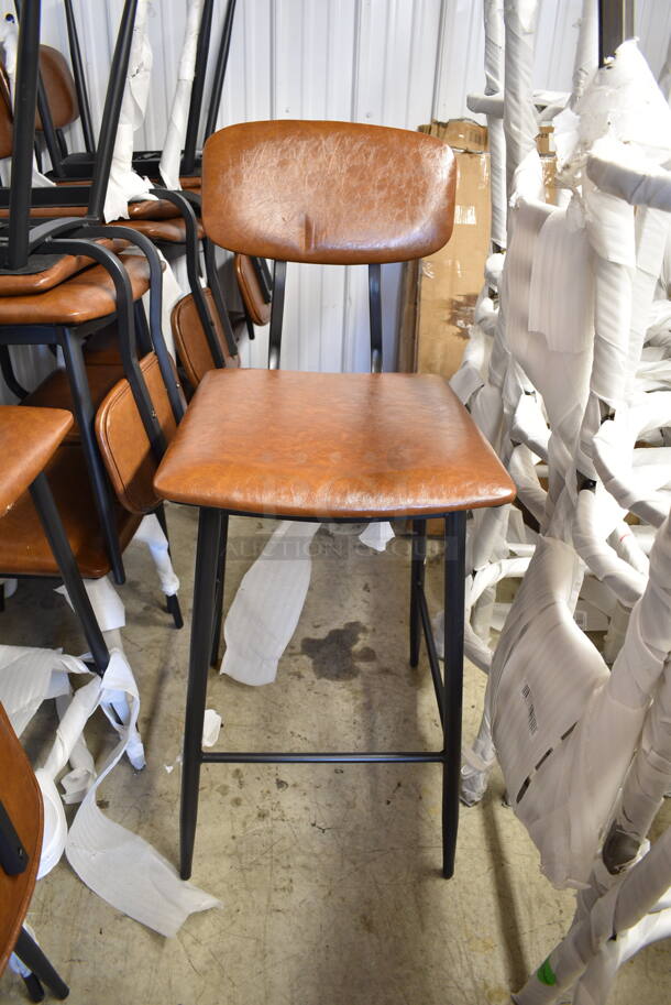 21 BRAND NEW SCRATCH AND DENT! Lancaster Table & Seating Mid-Century Black Chair with Cognac Vinyl Padded Seat and Backrest; 19 164CMCMCCCB Dining Height and 2 164MCMCGRST Bar Height. 21 Times Your Bid!  - Image 6 of 6