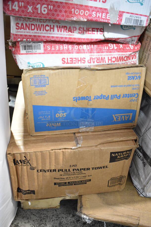 PALLET LOT of 42 BRAND NEW Boxes Including 127CH12F Choice 12 oz. Clear RPET Tall Hinged Deli Container - 200/Case, 966TALLFLDB Choice White Tall-Fold 6" x 13" Dispenser Napkin - 8000/Case, 15909144 Araven 09144 ColorClip 6 Gallon / 96 Cup Polypropylene Light-Duty Shelf Ingredient Bin, 8 Box 612W65 Choice Insulated Foil Sandwich Wrap Sheets 14" x 16" - 1000/Case, 5002CPTEC Lavex 2-Ply White Center Pull Economy Paper Towel Roll, 500 Sheets / Roll - 6/Case, 5002CPTENAT Lavex 2-Ply Natural Kraft Center Pull Paper Towel 510' Roll - 6/Case, Visions Stemless White Plastic Glasses, Dinex DX11870174 Clear Dome Disposable Lid for Dinex DXSWC6 6 oz. Clear Tulip Bowls, Dinex DXSWC8 8 oz. Clear Tulip Bowls, Carlisle 4531 5 oz. Tulip Dish, and Carlisle 4535 8 oz. Clear Tulip Bowls - 1000/Case, 245CB10 Choice 10" x 10" x 2" White Customizable Corrugated Plain Pizza Box - 50/Bundle, 2 Box 966UPWIDEKFT-500 OneUp by Choice Kraft 2-Ply Wide Interfold 6 1/2" x 8 1/2" Dispenser Napkin - 6000/Case. 42 Times Your Bid! - Image 8 of 12
