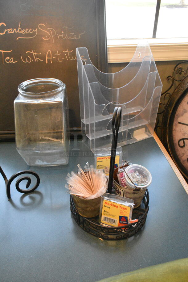 Wall Mount Table w/ Contents Including Clock and Decor. BUYER MUST REMOVE: Bring Tools and Manpower Needed To Remove This Item. (booth room)  - Image 7 of 9