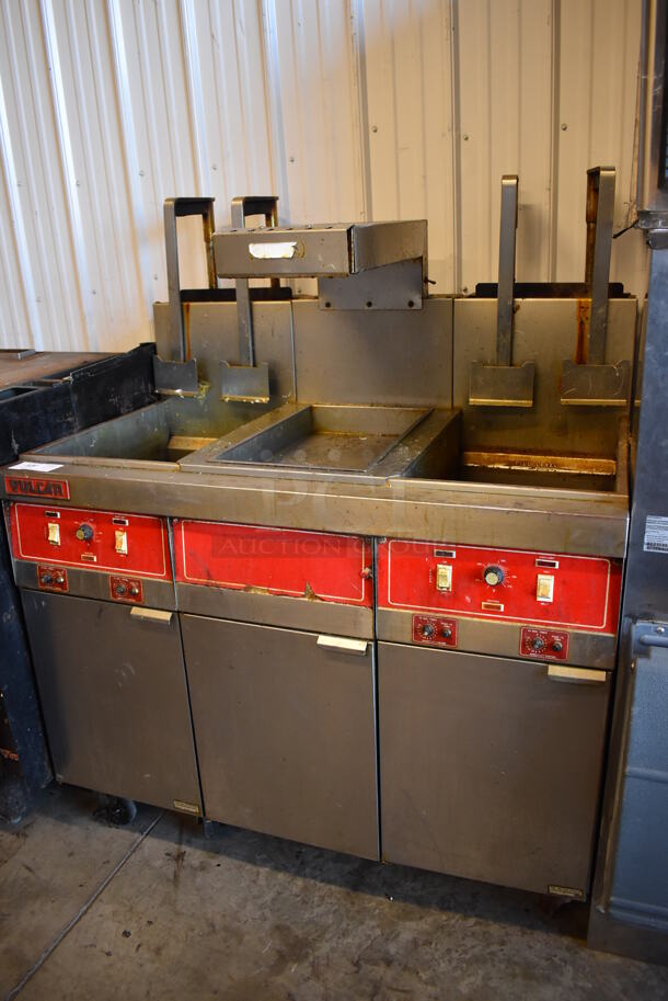 Vulcan 30RD45 Stainless Steel Commercial Floor Style Natural Gas Powered 2 Bay Deep Fat Fryer w/ Center Dumping Station on Commercial Casters. Missing Caster. 240,000 BTU. 47x35x58 - Image 3 of 12