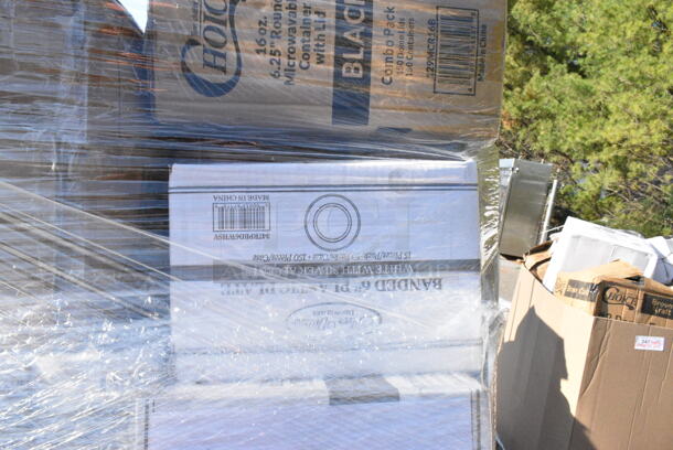 32 BRAND NEW Boxes Including 5013858 Lavex Hercules 55 Gallon 2 Mil 38" x 58" Low Density Heavy-Duty Black Can Liner / Trash Bag - 50/Case, 2 Box 347RPBD6WHSV Visions 6" White Plastic Plate with Silver Bands - 150/Case, 129MCR16B Choice 16 oz. Black 6 1/4" Round Microwavable Heavy Weight Container with Lid - 150/Case, 129MCS28B Choice 28 oz. Black Rectangular Microwavable Heavy Weight Container with Lid 8 3/4" x 6 1/4" x 1 3/4" - 150/Case, 612613245HD Choice Half Size Heavy-Duty Foil Steam Pan Deep 2 9/16" Depth - 100/Case, 500CC20PLA EcoChoice 20 oz. PLA Compostable Plastic Cold Cup - 600/Case, 395RP10CPF EcoChoice No PFAS Added 10" Natural Bagasse Blend 3 Compartment Plate - 500/Case, 24510PIZZAPAD Choice Single Face Corrugated Pizza Pad - 10" x 10" - 200/Case, 500MFT Lavex Natural Brown Kraft M-Fold (Multifold) Towel - 4000/Case, 394EN403L Noble Products Nitrile 3.5 Mil Thick Black All-Purpose Powder-Free Disposable Gloves - 1000/Case, 2 Box 433NHT109 Choice 1/6 Standard Size Beige "Thank You" Script Heavy-Duty Plastic T-Shirt Bag - 600/Case, 347RPBD10WHS Visions 10" White Plastic Plate with Silver Bands - 120/Case, 129MCR32W Choice 32 oz. White 7 1/4" Round Microwavable Heavy Weight Container with Lid - 150/Case, Dart 8J8 8 oz. White Customizable Foam Cup - 1000/Case. 32 Times Your Bid!  - Image 7 of 12