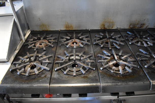 Vulcan Snorkel Stainless Steel Commercial Natural Gas Powered 10 Burner Range w/ 2 Convection Ovens, Over Shelf and Back Splash on Commercial Casters. 60x32x60 - Image 4 of 8