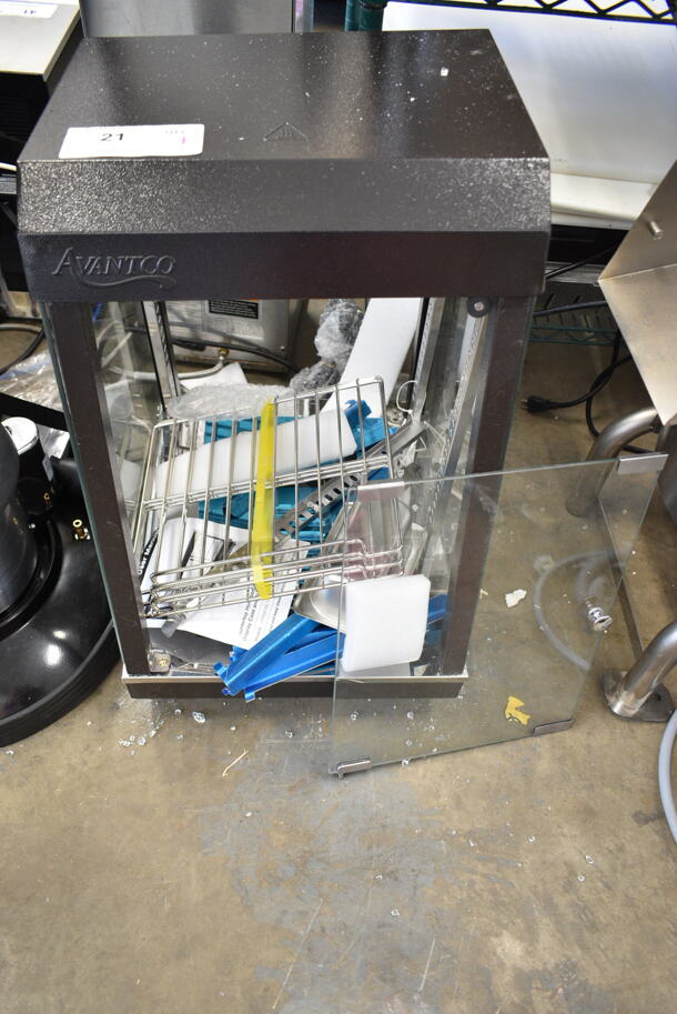 BRAND NEW SCRATCH AND DENT! 2023 Avantco 1177HDC13 13" Self/Full Service 3 Shelf Countertop Heated Display Case with Hinged Door. 1 Pane of Glass Shattered. 120 Volts, 1 Phase. Tested and Working! - Image 2 of 5