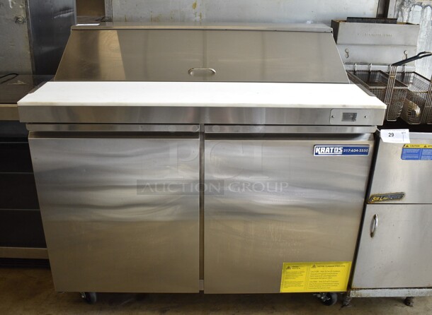 Kratos Model 69L-770HC Stainless Steel Commercial Sandwich Salad Prep Table Bain Marie Mega Top w/ Poly 1/6 Size Drop In Bins on Commercial Casters. 115 Volts, 1 Phase. 48.5x30.5x45. Tested and Powers On But Does Not Get Cold