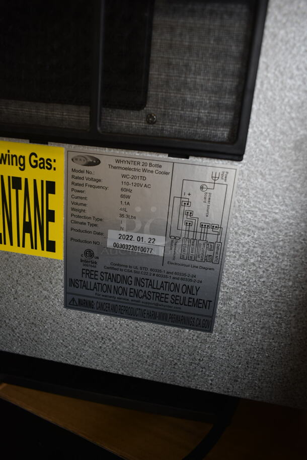 BRAND NEW SCRATCH AND DENT! Whynter WC-201TD 20 Bottle Thermoelectric Wine Cooler Merchandiser. 115 Volts, 1 Phase. Tested and Working! - Image 5 of 5