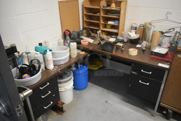 Black Metal Desk w/ Wood Pattern Desktop and Contents Including Bottles, Screws. Includes 30x60x30. BUYER MUST REMOVE. - Image 1 of 12