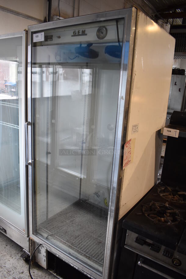 GEM Metal Commercial Single Door Reach In Cooler Merchandiser. Tested and Powers On But Does Not Get Cold