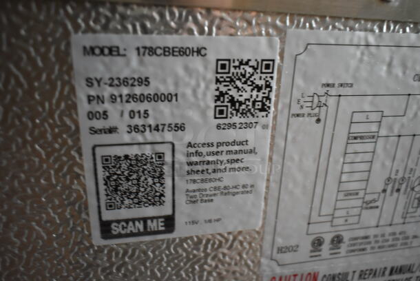 BRAND NEW SCRATCH AND DENT! 2023 Avantco 178CBE60HC Stainless Steel Commercial 2 Drawer Chef Base on Commercial Casters. 115 Volts, 1 Phase. Tested and Working! - Image 9 of 9