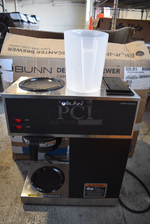 BRAND NEW IN BOX! 2022 Bunn VPR Stainless Steel Commercial Countertop 2 Burner Coffee Machine w/ Poly Brew Basket and Poly Pitcher. 120 Volts, 1 Phase. 16x8x20