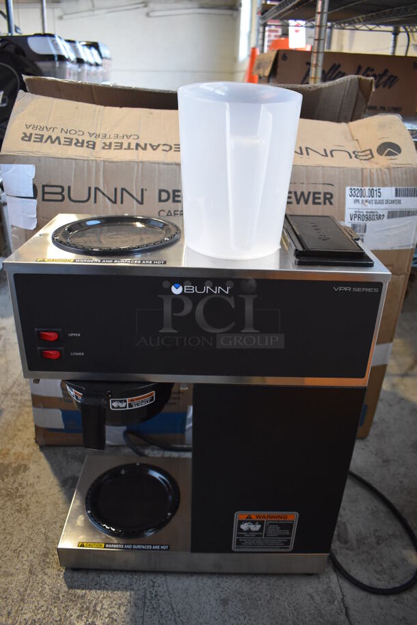 BRAND NEW IN BOX! 2022 Bunn VPR Stainless Steel Commercial Countertop 2 Burner Coffee Machine w/ Poly Brew Basket and Poly Pitcher. 120 Volts, 1 Phase. 16x8x20 - Image 1 of 6