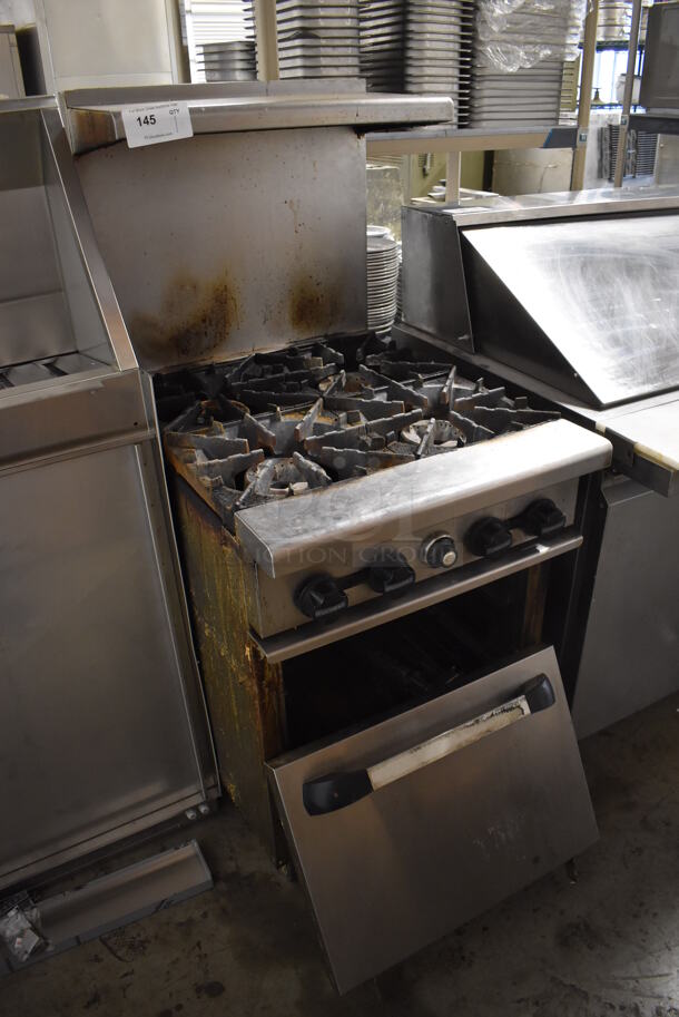 Stianless Steel Commercial Natural Gas Powered 4 Burner Range w/ Oven, Over Shelf and Back Splash on Commercial Casters. Oven Door Needs To Be Reattached. 24x32x57 - Image 3 of 6
