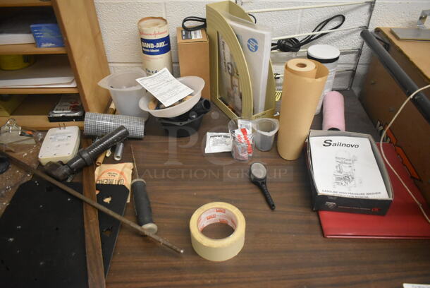 Black Metal Desk w/ Wood Pattern Desktop and Contents Including Bottles, Screws. Includes 30x60x30. BUYER MUST REMOVE. - Image 10 of 12