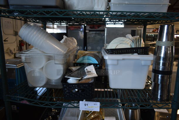 ALL ONE MONEY! Four Tier Lot of Various Items Including Poly Bins and Ceramic Plates. Does Not Include Shelving Unit.  - Image 3 of 8