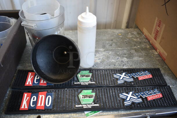 ALL ONE MONEY! Lot of Various Items Including Bar Mats, Glass Cleaner and Funnel in Brown Bus Bin - Image 3 of 4