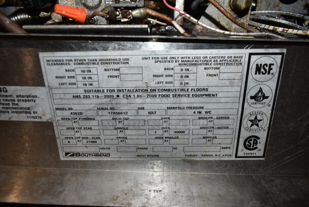 Southbend 4362D Stainless Steel Commercial Natural Gas Powered 6 Burner Range w/ Oven.  - Image 6 of 6