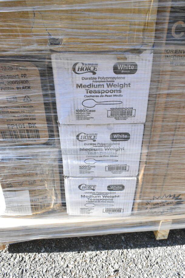 25 BRAND NEW Boxes Including 500CC20 Choice Clear PET Customizable Plastic Cold Cup - 20 oz. - 600/Case, 50012DWPLAKR EcoChoice 12 oz. Smooth Double Wall Kraft Compostable Paper Hot Cup - 500/Case, 395TO961 EcoChoice 9" x 6" x 3" Compostable Sugarcane / Bagasse 1 Compartment Take-Out Container - 200/Case, 127CH64 Choice 64 oz. Clear RPET Hinged Deli Container - 200/Case, 3 Box 130WSPOON Choice Medium Weight White Plastic Teaspoon - 1000/Case, Dart C53PST1 ClearSeal Hinged Lid Plastic Container 5 3/8" x 5 1/4" x 2 5/8" - 500/Case, 500TO993C3 Choice 9" x 9" x 3" Microwaveable 3-Compartment Black / Clear Plastic Hinged Container - 100/Case, 2 Box Bouffant Caps, 500MF663W1C Choice 6" x 6" 1-Compartment Microwaveable White Mineral-Filled Plastic Hinged Take-Out Container - 250/Case, 760SOUP64WBL Choice 64 oz. White Paper Soup / Hot Food Cup Vented Lid - 150/Case, 966UPWIDEB1-500 OneUp by Choice White 1-Ply Wide Interfold 6 1/2" x 8 1/2" Dispenser Napkin - 6000/Case, 129MCS24B Choice 24 oz. Black Rectangular Microwavable Heavy Weight Container with Lid 8" x 5 1/4" x 2" - 150/Case, 500CC20 Choice Clear PET Customizable Plastic Cold Cup - 20 oz. - 600/Case. 25 Times Your Bid!  - Image 10 of 12