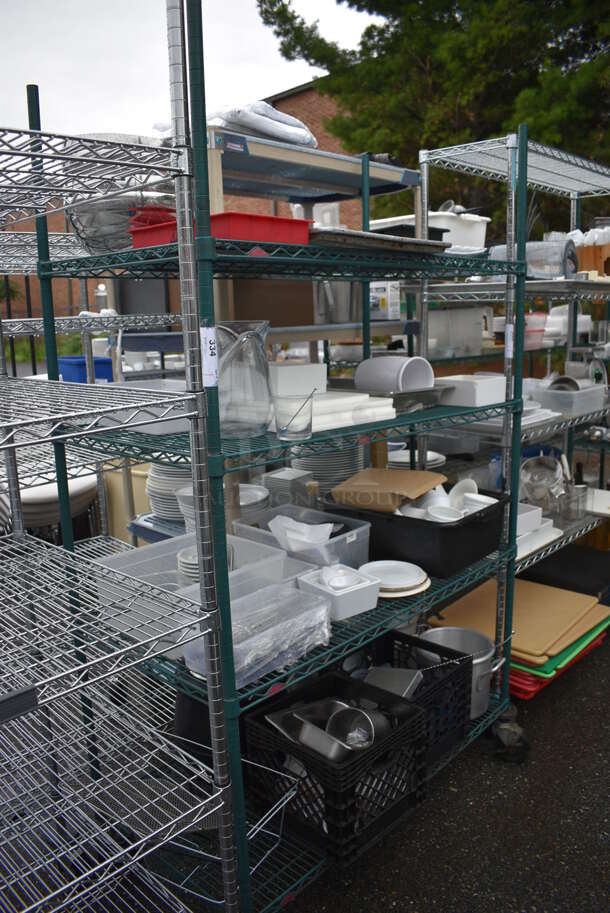 ALL ONE MONEY! Lot of Green Finish 4 Tier Shelving Unit on Commercial Casters w/ All Contents Including White Ceramic Dishes, Cutting Boards and Metal Pieces. BUYER MUST DISMANTLE. PCI CANNOT DISMANTLE FOR SHIPPING. PLEASE CONSIDER FREIGHT CHARGES. 48x24x80